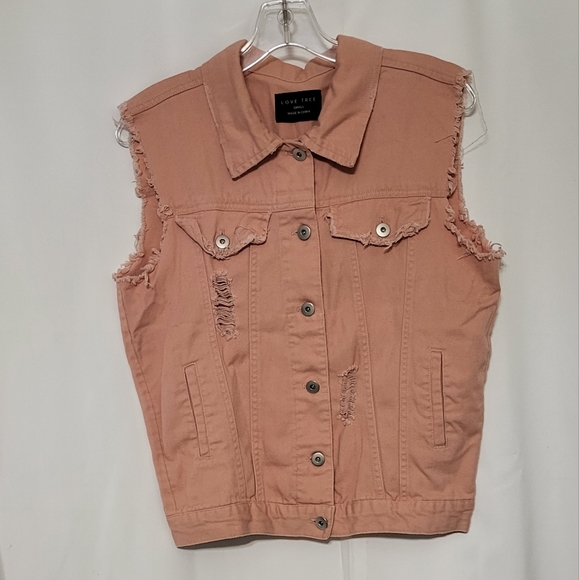 Love Tree Women's Pink Distressed Denim Vest Size Small EUC - Picture 6 of 11